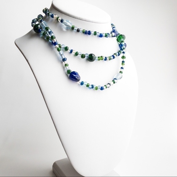 𝅺Vintage Coro Necklace Beaded Glass Long Flapper Necklace Blue Green Clear - Picture 1 of 10